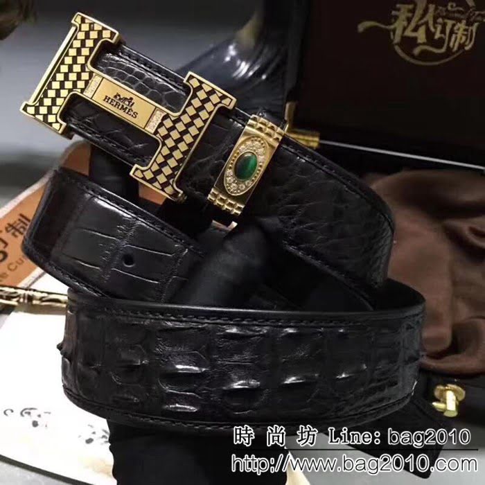 愛馬仕HERMES 純手工無拼接美洲鱷魚小骨皮 純手工高端男士皮帶 HHG1071